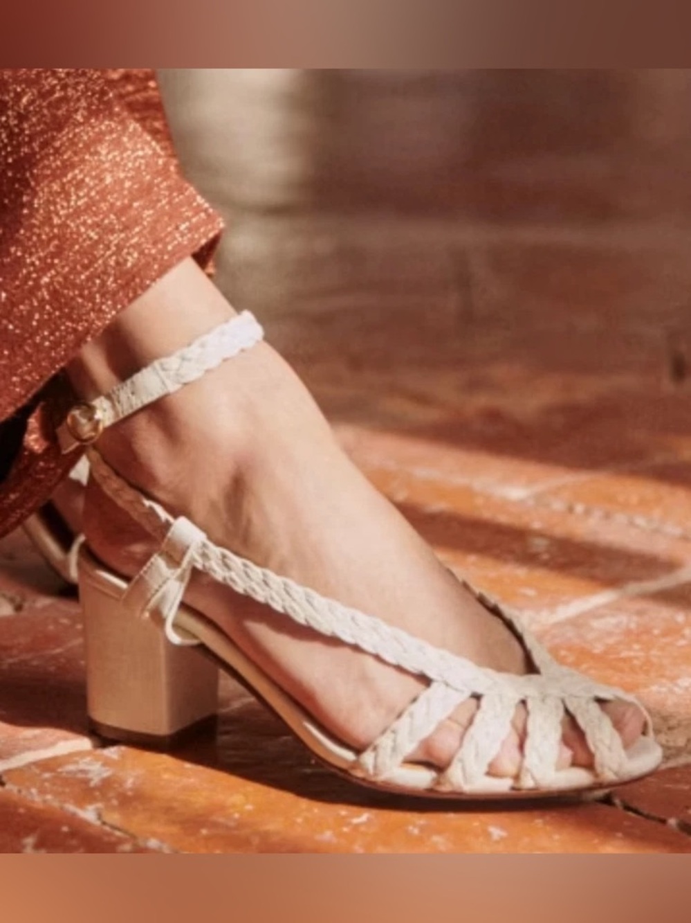 Sezane Natacha Leather Braided Ankle-Strap Block Heel Sandals